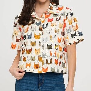 SM Wardrobe Cat Face Print Cotton Short Sleeve Shirt Top Boxy Multicolor Large